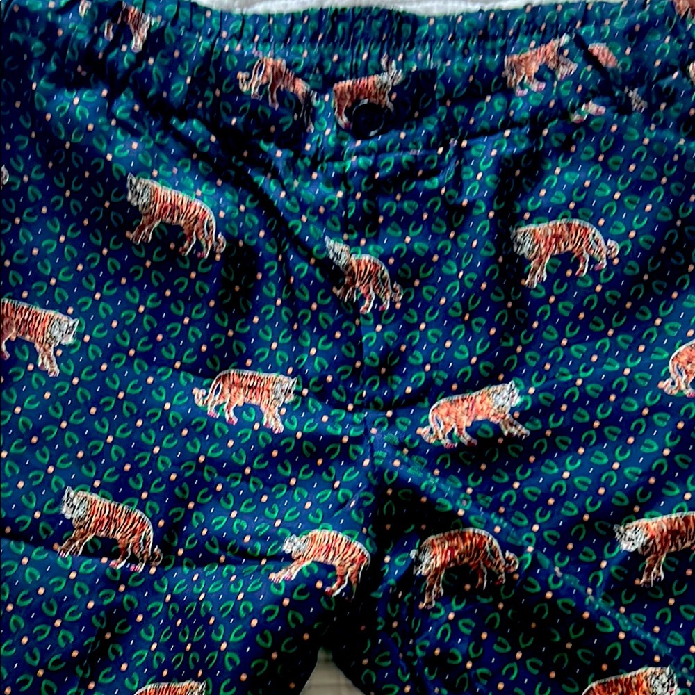 J. Crew Navy Silk Pants with Tiger and Green Pattern